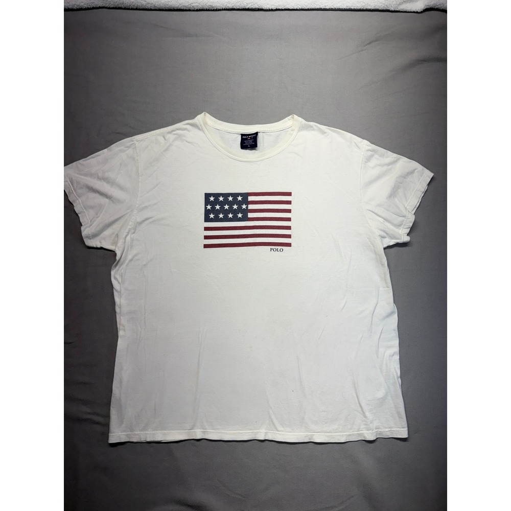 Polo Sport Ralph Lauren VTG 90s Cotton T Shirt Mens XL White USA Flag Graphic